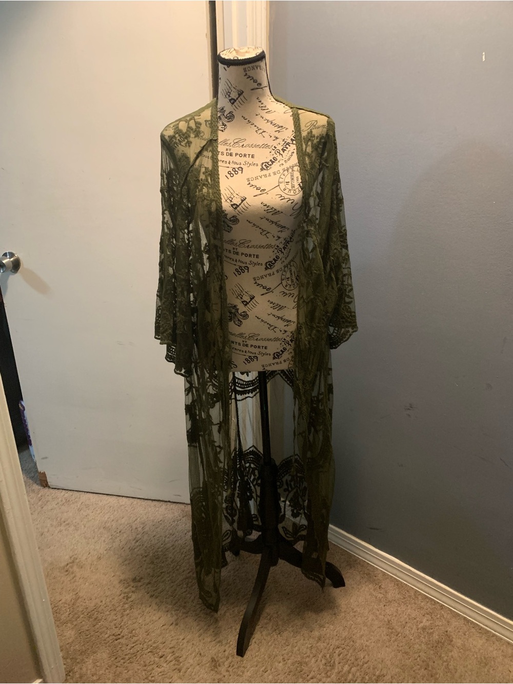 Olive Green Lace Kimono Duster